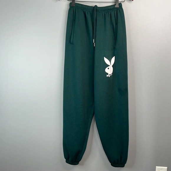 Playboy Booty Spellout Graphic Jogger Sweatpants Forest Green Bunny Pockets S - Picture 11 of 11
